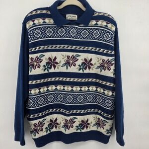 Alfred Dunner Womens 1X Blue Floral Geometric Floral Long Sleeve Knit Sweater
